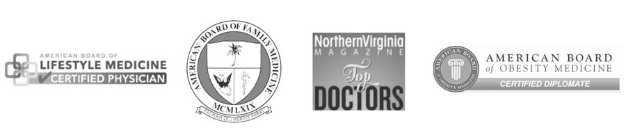 Awards badges for medical weight loss - American college of lifestyle medicine, American board of family medicine, northern virginia magazine top doctor, american board of obesity medicine